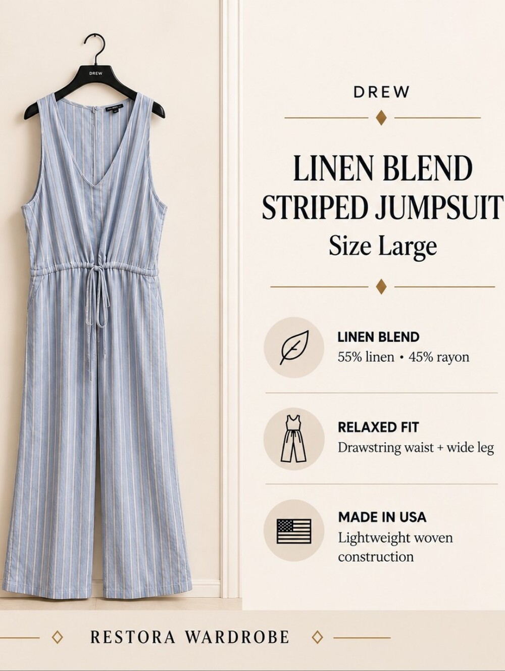 Drew Jumpsuit Blue Striped Linen Blend Wide Leg Size L Boho